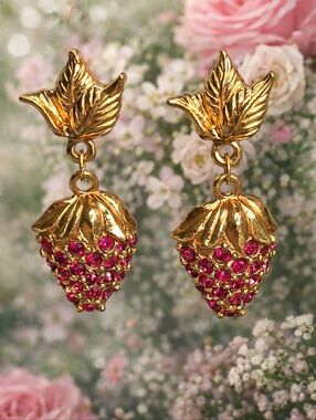 Vintage Avon Strawberry Rhinestone Drop Earrings Gold Tone